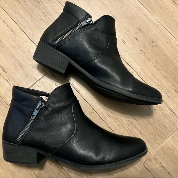 Sun+Stone black leather double zip ankle boots women size 8 - Picture 1 of 8